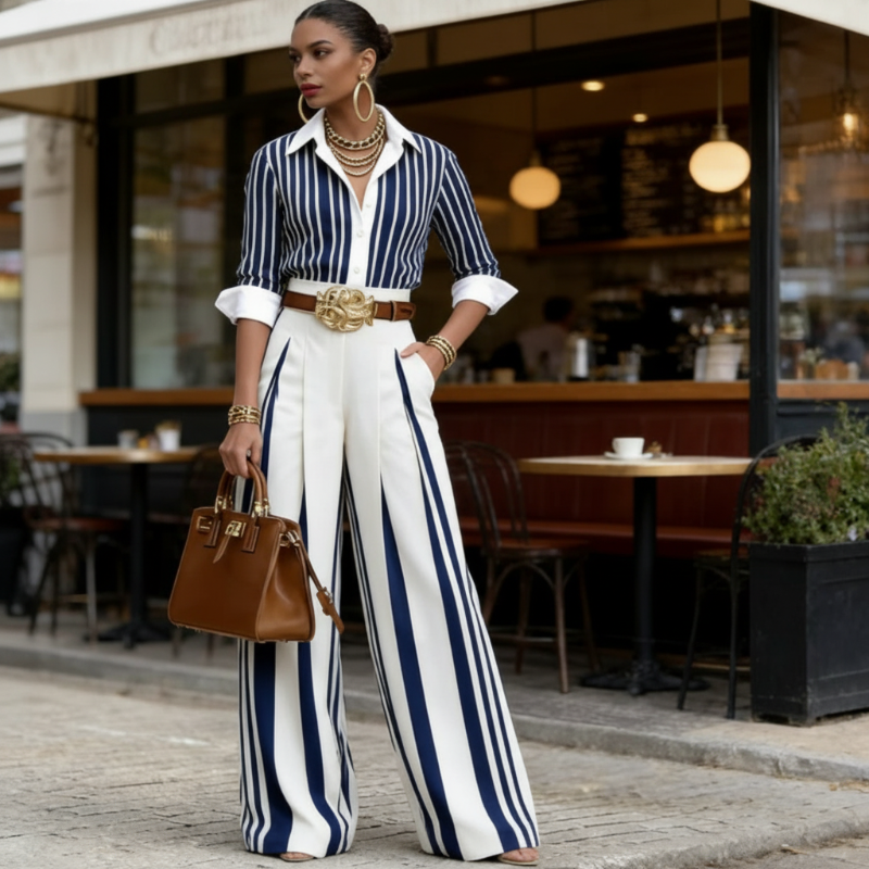 👔✨👖 PROMO LIMITÉE -50% ! Ensemble 2 Pièces Femme – Chemise Rayée & Pantalon Large, Tissu Respirant (Bleu/Noir, S-5XL)