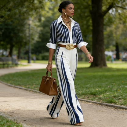 👔✨👖 PROMO LIMITÉE -50% ! Ensemble 2 Pièces Femme – Chemise Rayée & Pantalon Large, Tissu Respirant (Bleu/Noir, S-5XL)