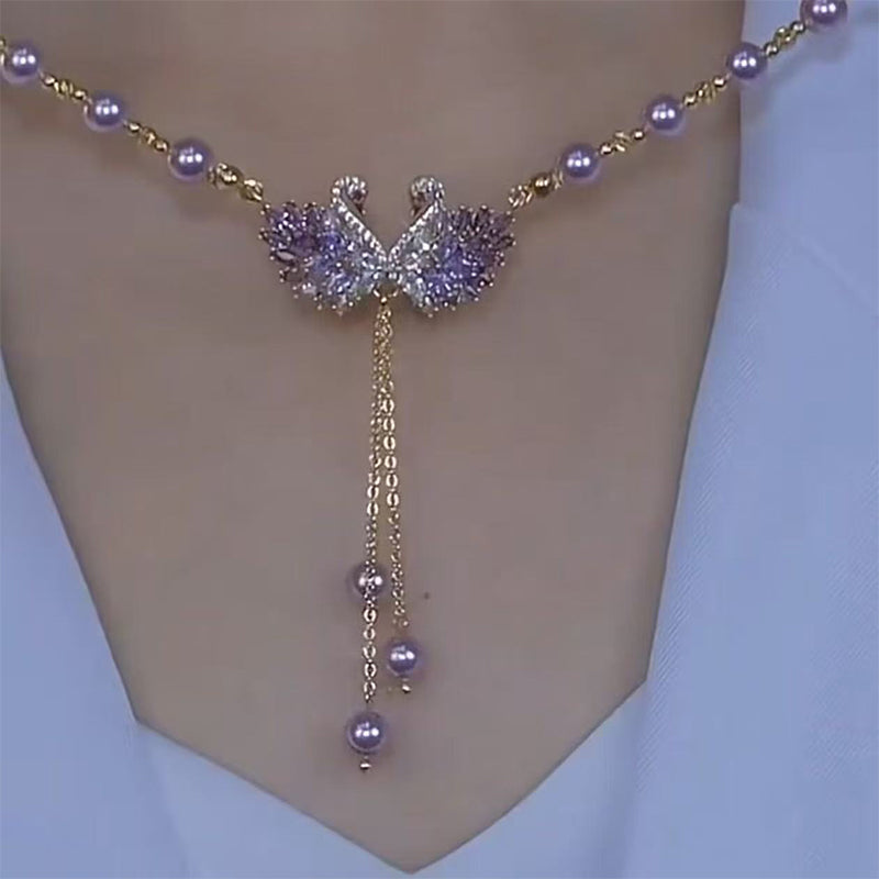 💐🎁💖 OFFRE EXCEPTIONNELLE -50% ! Collier Violet à Deux Cygnes en Cœur – Idée Cadeau Romantique pour Elle (Longueur Réglable 41-50 cm)