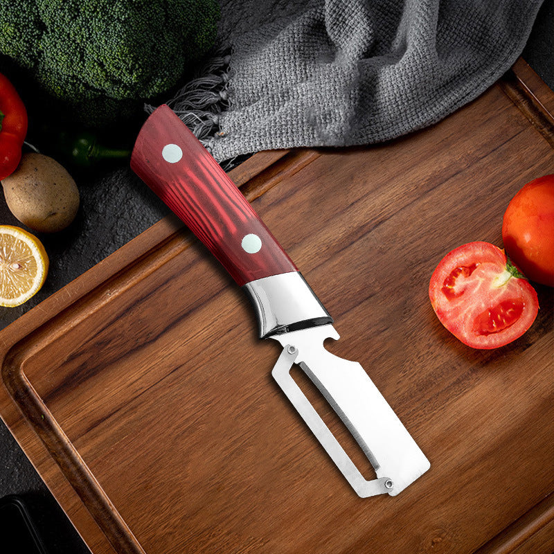 📢📢50 % DE RÉDUCTION !! ⏰🥒 Éplucheur 3-en-1 en Acier Inox – Lame Large, Ouvre-Bouteille & Poignée Ergonomique (Rouge/Noir)