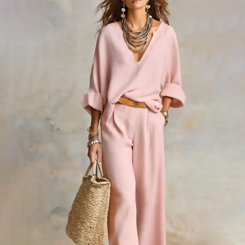 ✨🔥Ensemble 2 pièces pour femme : haut à col en V et pantalon à jambes larges