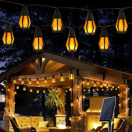 Nouvelles guirlandes LED solaires IP65, style flamme, étanches, pour une utilisation en extérieur, avec capteur, pour jardins, cours et camping, angle de faisceau à 360°