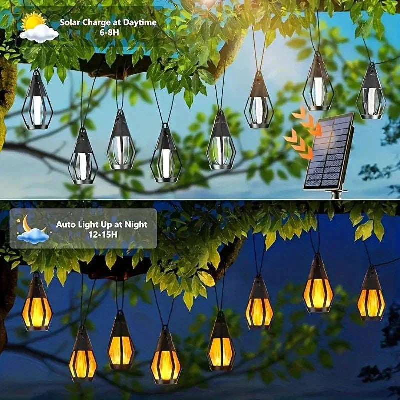 Nouvelles guirlandes LED solaires IP65, style flamme, étanches, pour une utilisation en extérieur, avec capteur, pour jardins, cours et camping, angle de faisceau à 360°