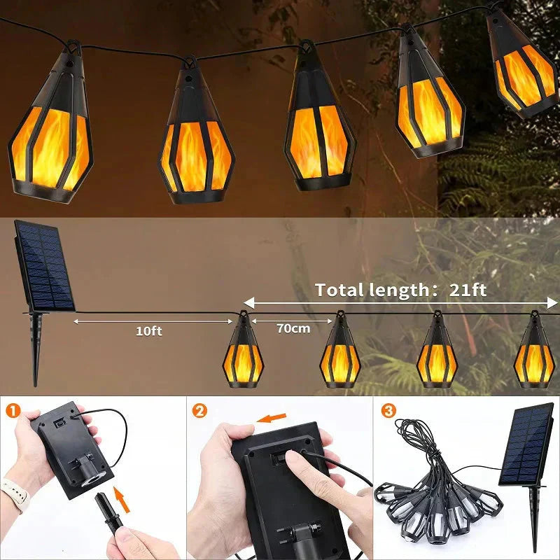 Nouvelles guirlandes LED solaires IP65, style flamme, étanches, pour une utilisation en extérieur, avec capteur, pour jardins, cours et camping, angle de faisceau à 360°