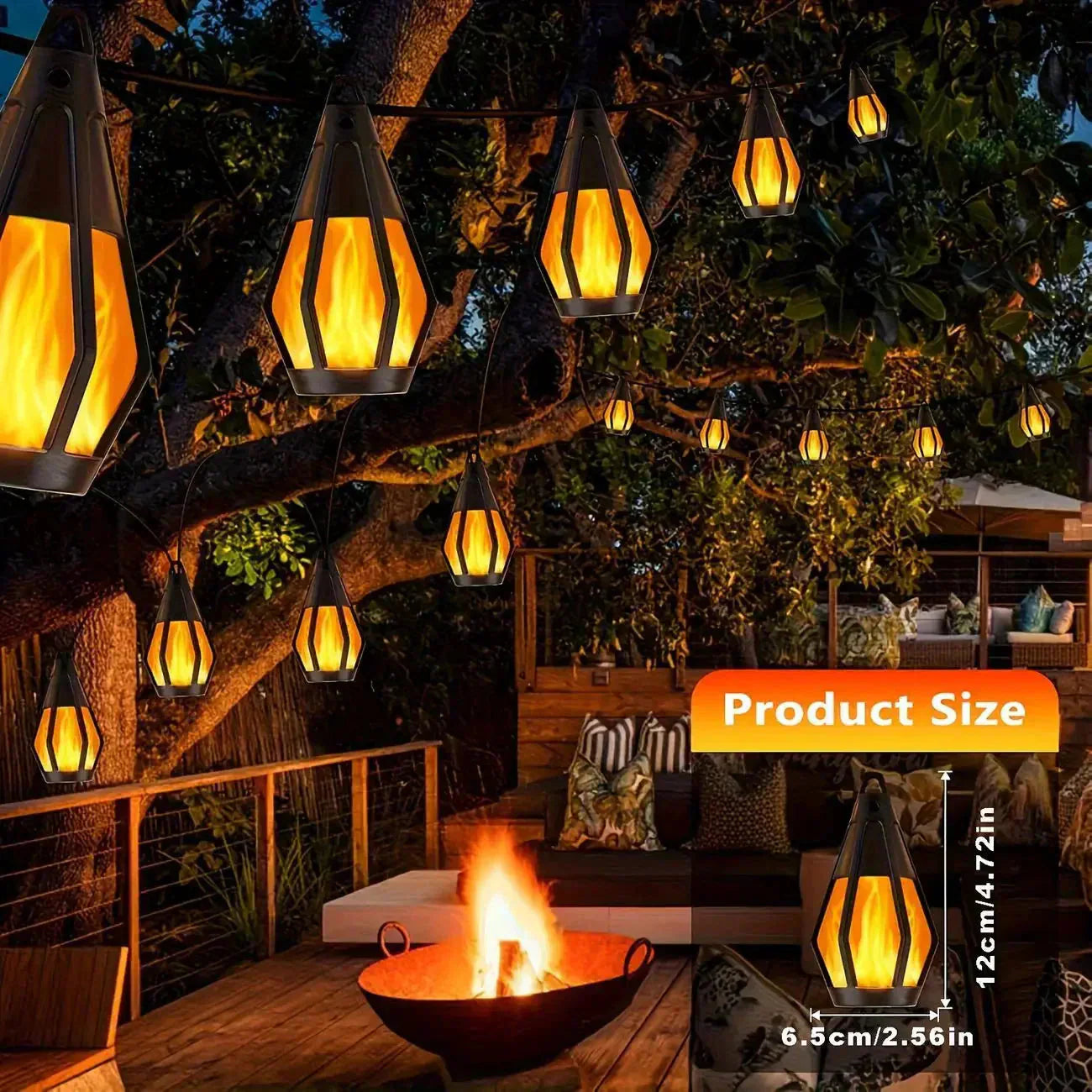 Nouvelles guirlandes LED solaires IP65, style flamme, étanches, pour une utilisation en extérieur, avec capteur, pour jardins, cours et camping, angle de faisceau à 360°