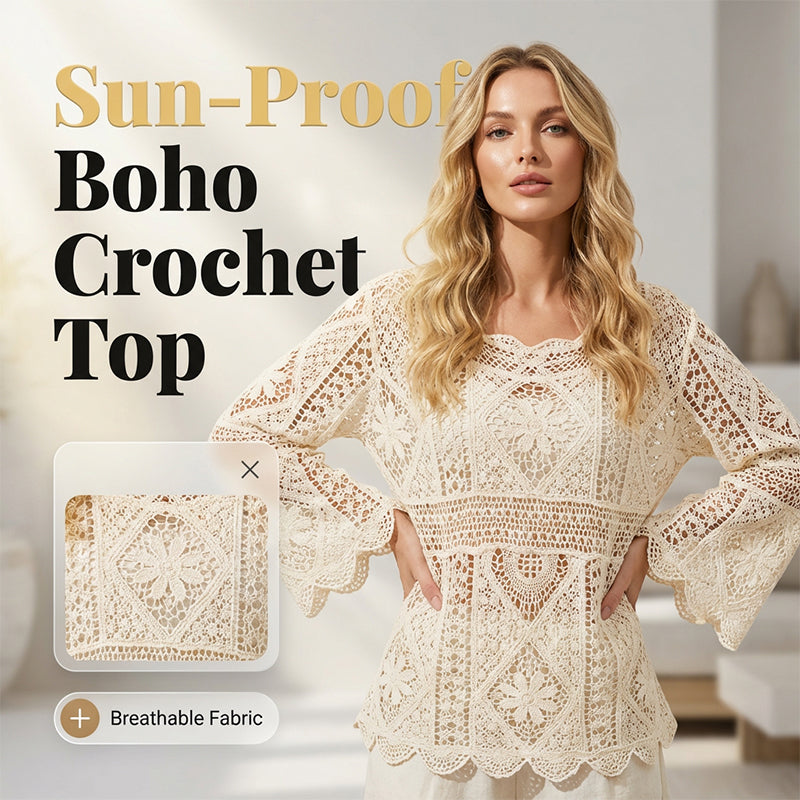 👚 50% DE RÉDUCTION! 🌼 Chemise Couvrance Crochet – Dentelle Ajourée, Manches Évasées & Style Boho Parfait Pour La Plage 🌴