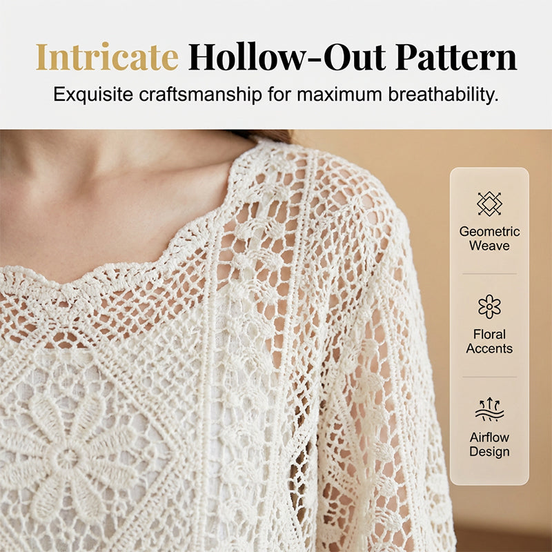 👚 50% DE RÉDUCTION! 🌼 Chemise Couvrance Crochet – Dentelle Ajourée, Manches Évasées & Style Boho Parfait Pour La Plage 🌴