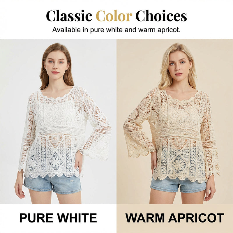 👚 50% DE RÉDUCTION! 🌼 Chemise Couvrance Crochet – Dentelle Ajourée, Manches Évasées & Style Boho Parfait Pour La Plage 🌴