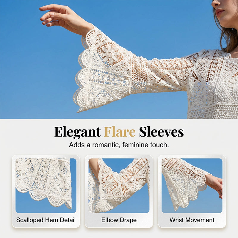 👚 50% DE RÉDUCTION! 🌼 Chemise Couvrance Crochet – Dentelle Ajourée, Manches Évasées & Style Boho Parfait Pour La Plage 🌴
