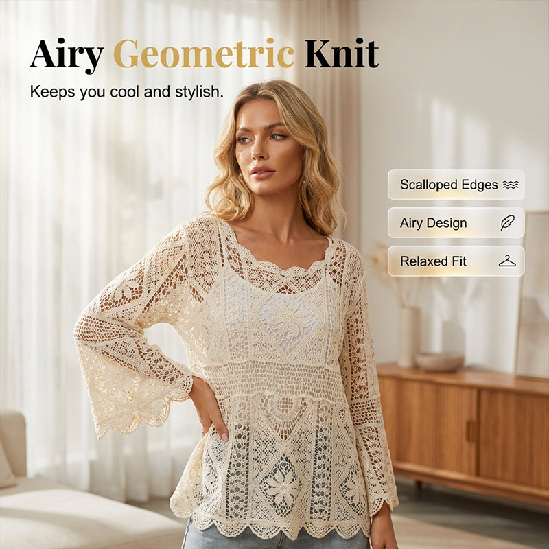 👚 50% DE RÉDUCTION! 🌼 Chemise Couvrance Crochet – Dentelle Ajourée, Manches Évasées & Style Boho Parfait Pour La Plage 🌴