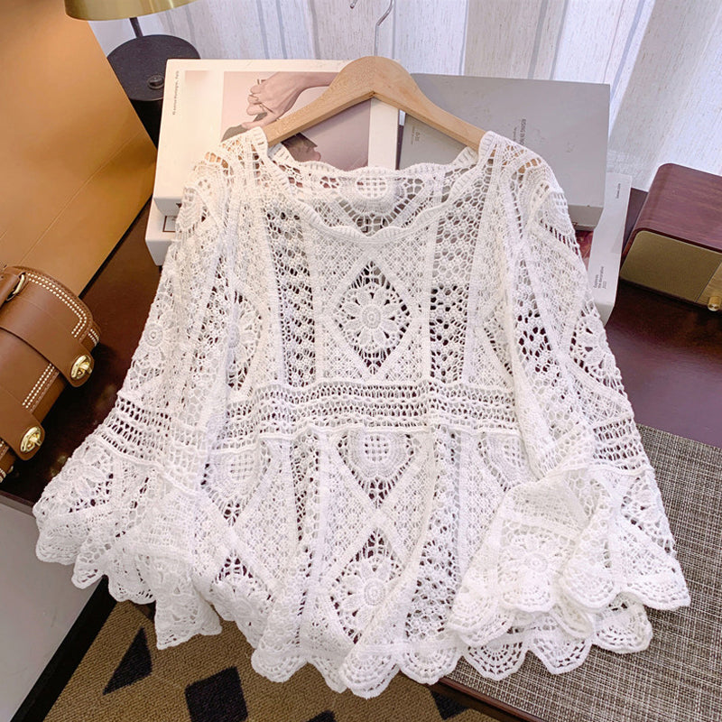 👚 50% DE RÉDUCTION! 🌼 Chemise Couvrance Crochet – Dentelle Ajourée, Manches Évasées & Style Boho Parfait Pour La Plage 🌴