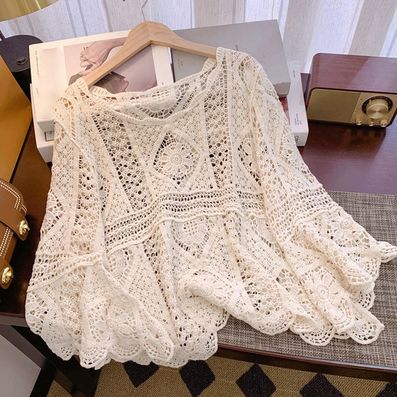 👚 50% DE RÉDUCTION! 🌼 Chemise Couvrance Crochet – Dentelle Ajourée, Manches Évasées & Style Boho Parfait Pour La Plage 🌴