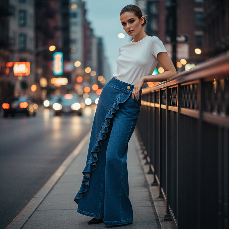 👖 OFFRE EXCLUSIVE : 50% DE RÉDUCTION ! 💃 Pantalon Denim Large à Volants Asymétriques – Coupe Taille Haute, Style Bohème & Tissu de Qualité 🌸