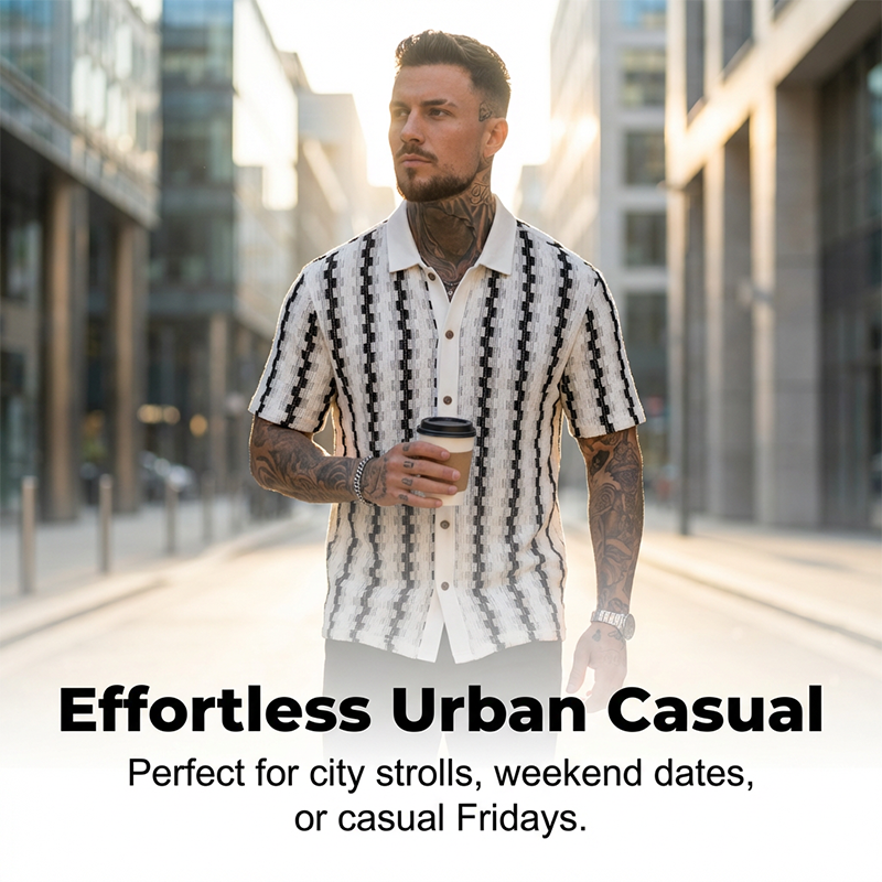 👔✨PROMO LIMITÉE -50%🍂Chemise Homme Rétro Motif Géométrique Tricoté – Respirante, Col Contrasté (Blanc/Café, S-XXL)