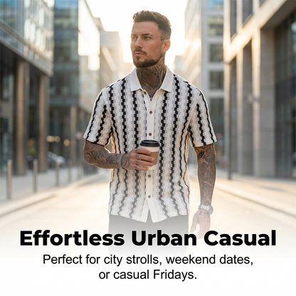 👔✨PROMO LIMITÉE -50%🍂Chemise Homme Rétro Motif Géométrique Tricoté – Respirante, Col Contrasté (Blanc/Café, S-XXL)
