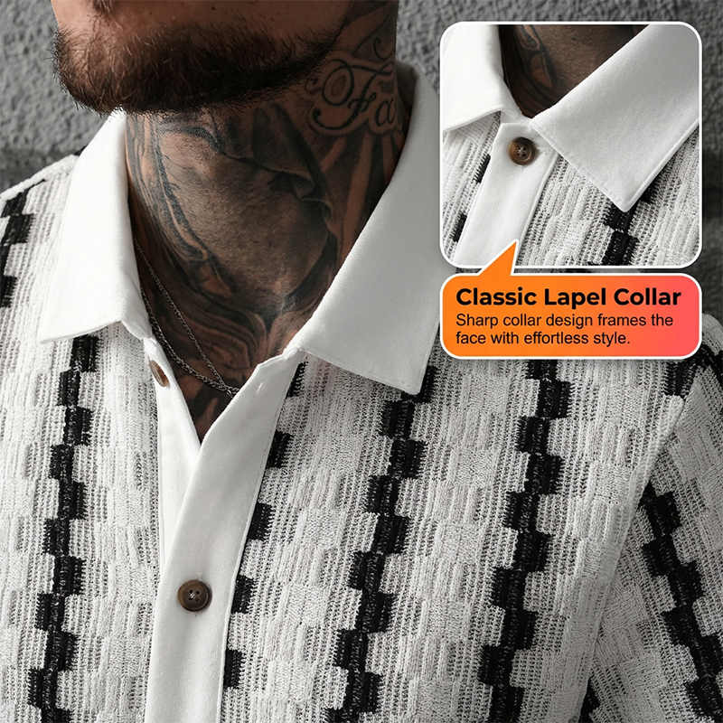 👔✨PROMO LIMITÉE -50%🍂Chemise Homme Rétro Motif Géométrique Tricoté – Respirante, Col Contrasté (Blanc/Café, S-XXL)