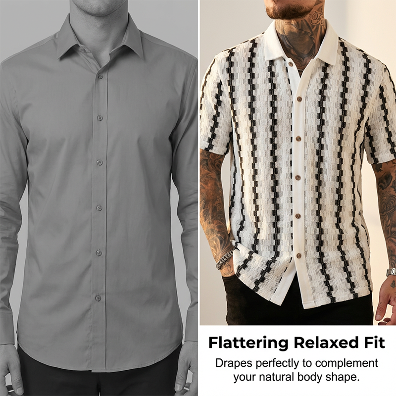 👔✨PROMO LIMITÉE -50%🍂Chemise Homme Rétro Motif Géométrique Tricoté – Respirante, Col Contrasté (Blanc/Café, S-XXL)
