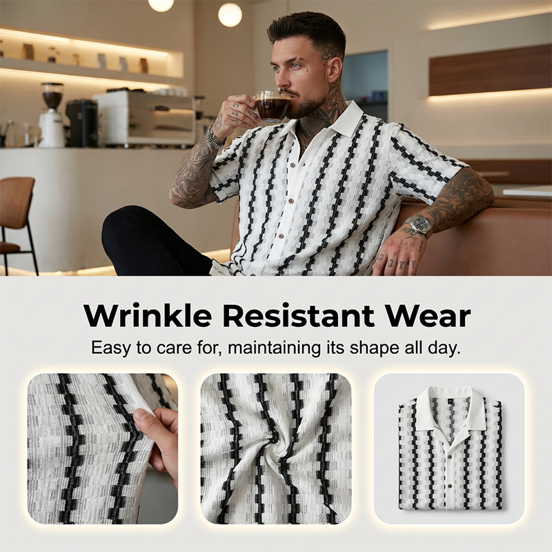 👔✨PROMO LIMITÉE -50%🍂Chemise Homme Rétro Motif Géométrique Tricoté – Respirante, Col Contrasté (Blanc/Café, S-XXL)