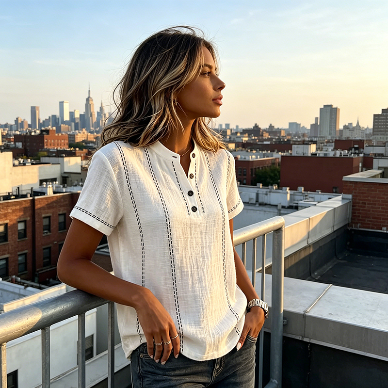 👕50% DE RÉDUCTION✨Haut Décontracté à Manches Courtes pour Femme – Tissu Respirant, Coupe Ample, Détails Couture🍂