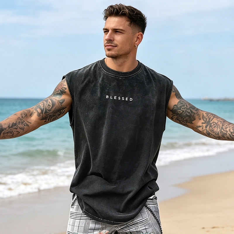 🎽50% DE RÉDUCTION🔥Débardeur de Sport Coupe Loose Effet Vintage – Sans Manches, Tissu Respirant, Lavage Acide🏁