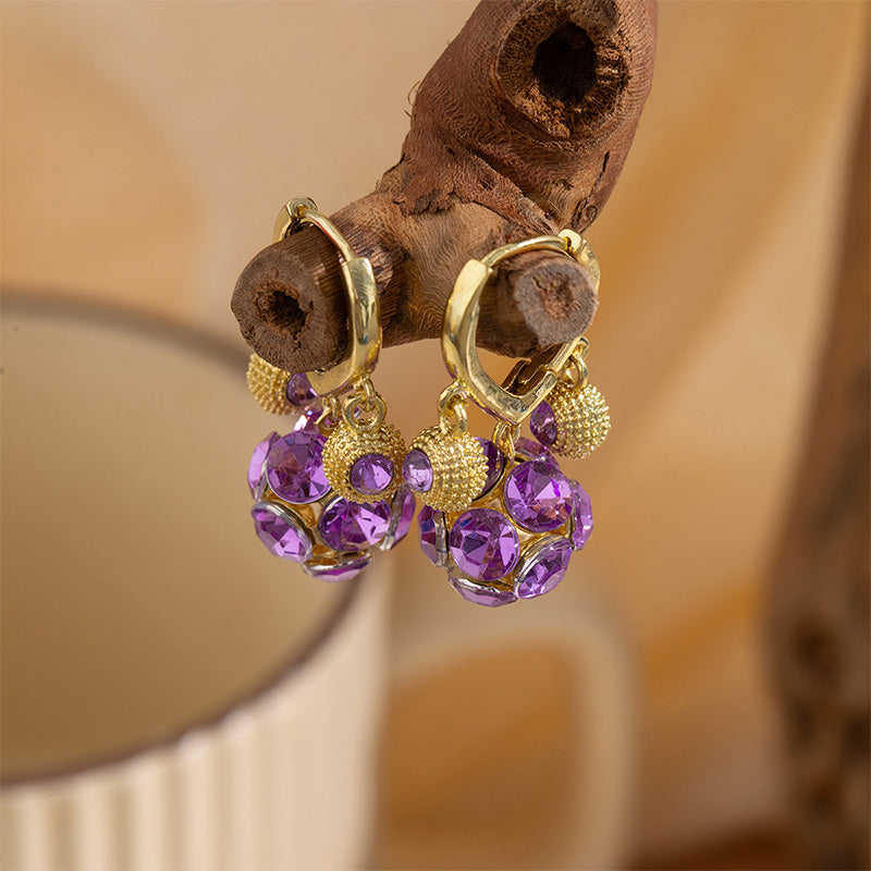 Boucles d'oreilles créoles vintage plaquées or avec sphère en cristal violet