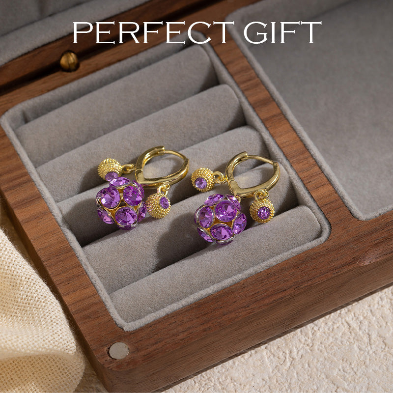 Boucles d'oreilles créoles vintage plaquées or avec sphère en cristal violet