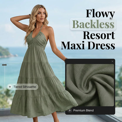 👗50 % de réduction + livraison gratuite à partir de 2 articles ! 🚚💨Robe longue à volants, dos nu et col licou pour femme