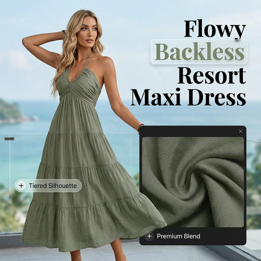 👗50 % de réduction + livraison gratuite à partir de 2 articles ! 🚚💨Robe longue à volants, dos nu et col licou pour femme