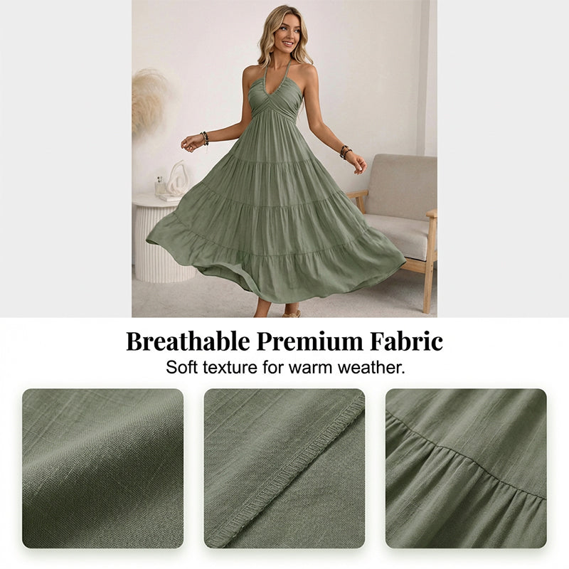 👗50 % de réduction + livraison gratuite à partir de 2 articles ! 🚚💨Robe longue à volants, dos nu et col licou pour femme