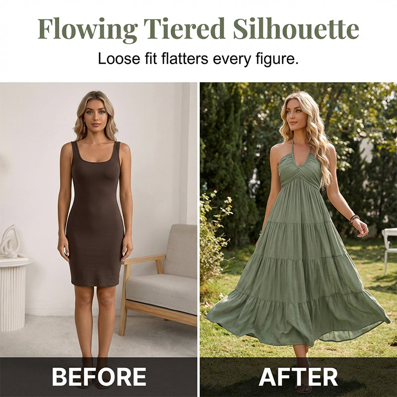 👗50 % de réduction + livraison gratuite à partir de 2 articles ! 🚚💨Robe longue à volants, dos nu et col licou pour femme