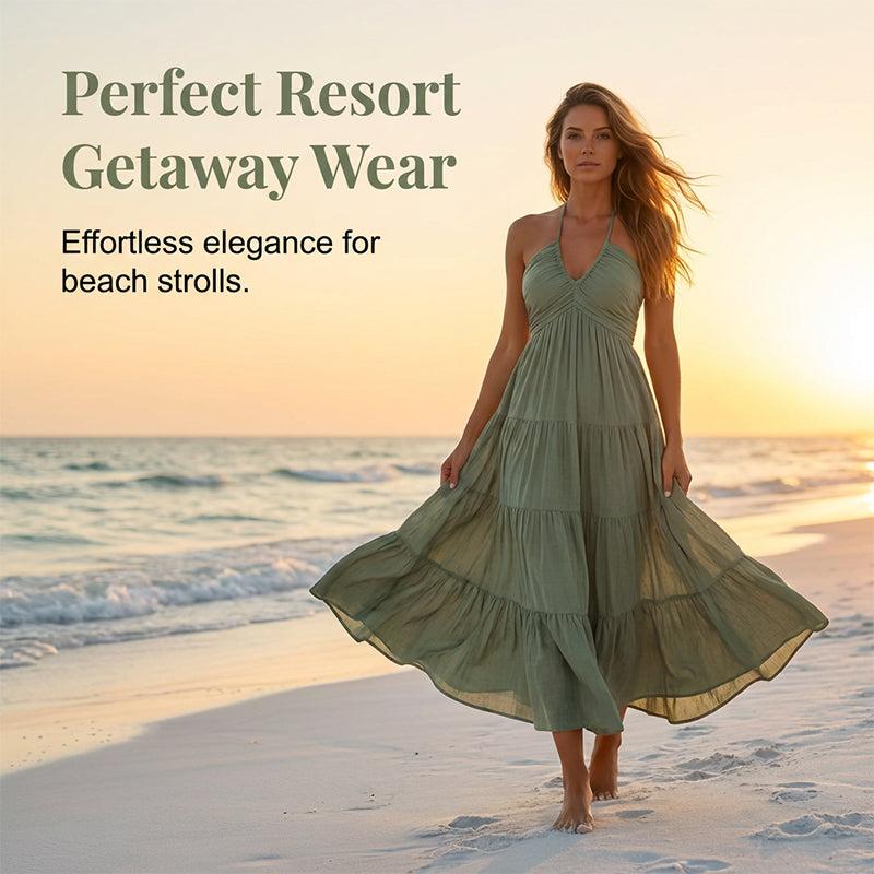 👗50 % de réduction + livraison gratuite à partir de 2 articles ! 🚚💨Robe longue à volants, dos nu et col licou pour femme