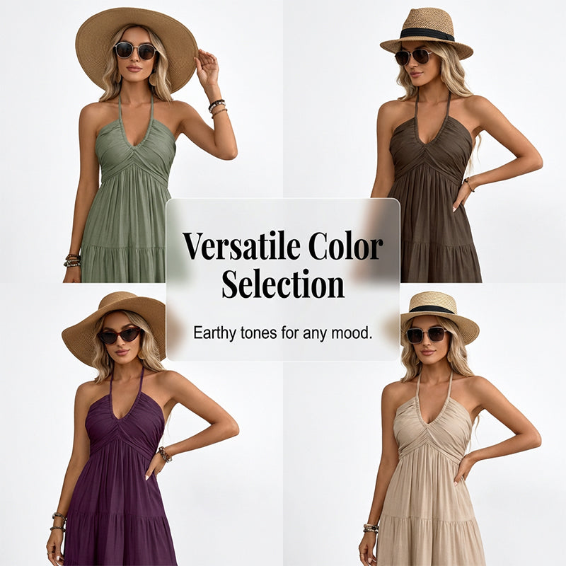 👗50 % de réduction + livraison gratuite à partir de 2 articles ! 🚚💨Robe longue à volants, dos nu et col licou pour femme