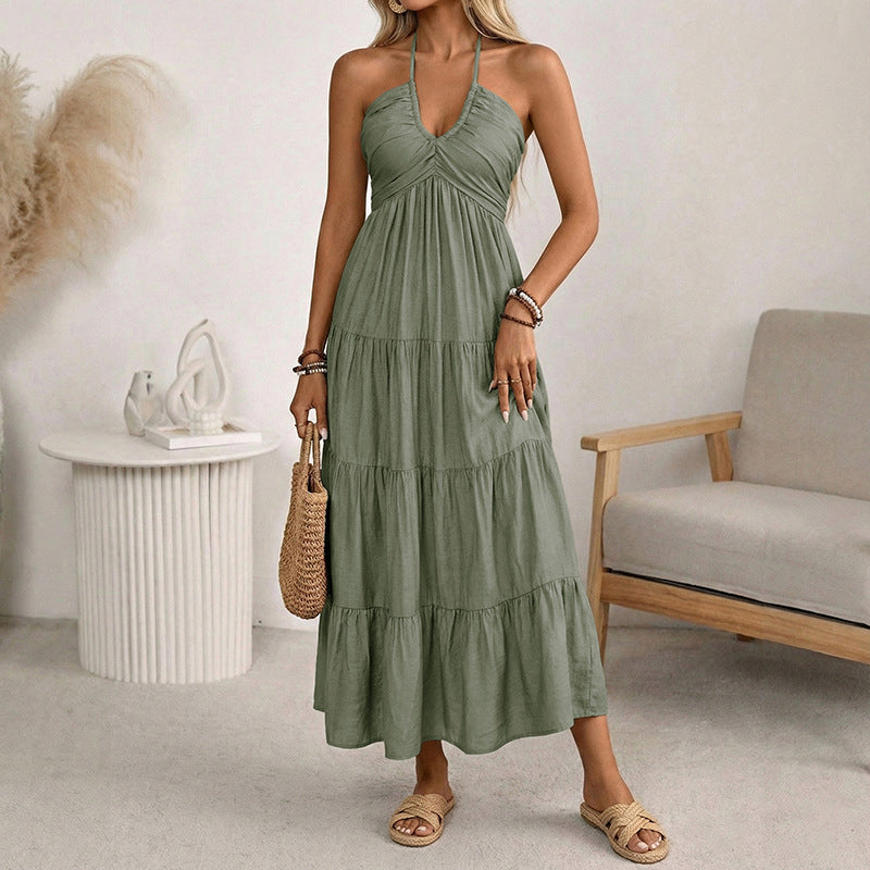 👗50 % de réduction + livraison gratuite à partir de 2 articles ! 🚚💨Robe longue à volants, dos nu et col licou pour femme