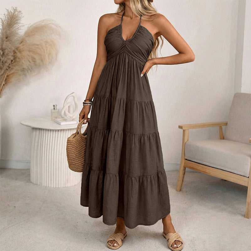 👗50 % de réduction + livraison gratuite à partir de 2 articles ! 🚚💨Robe longue à volants, dos nu et col licou pour femme