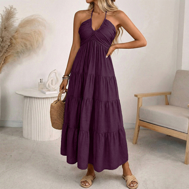 👗50 % de réduction + livraison gratuite à partir de 2 articles ! 🚚💨Robe longue à volants, dos nu et col licou pour femme