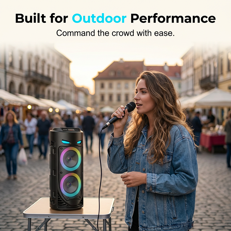 🔊PROMO -50%✨Enceinte Bluetooth Portable 16W – RGB Dynamique Rythme Musique, Micro Filaire Karaoké Inclus, Sangle Réglable, Plein Air Fêtes Camping · Bluetooth 10m · 1800mAh 🎵