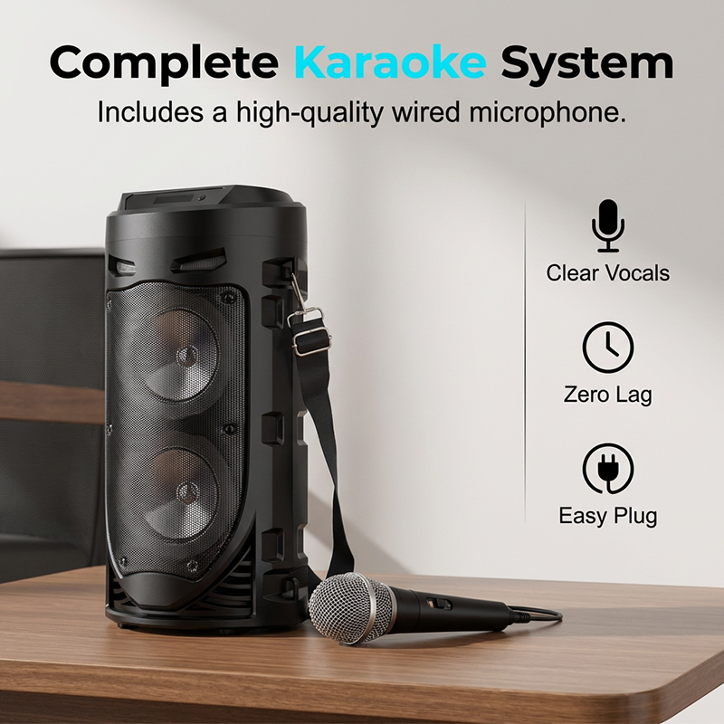 🔊PROMO -50%✨Enceinte Bluetooth Portable 16W – RGB Dynamique Rythme Musique, Micro Filaire Karaoké Inclus, Sangle Réglable, Plein Air Fêtes Camping · Bluetooth 10m · 1800mAh 🎵