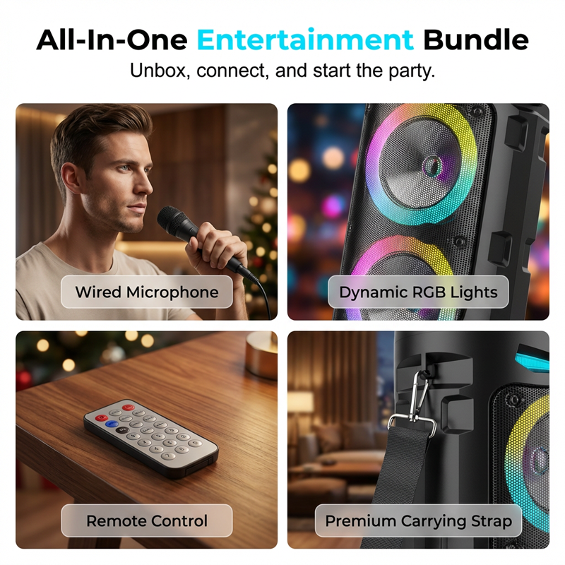 🔊PROMO -50%✨Enceinte Bluetooth Portable 16W – RGB Dynamique Rythme Musique, Micro Filaire Karaoké Inclus, Sangle Réglable, Plein Air Fêtes Camping · Bluetooth 10m · 1800mAh 🎵