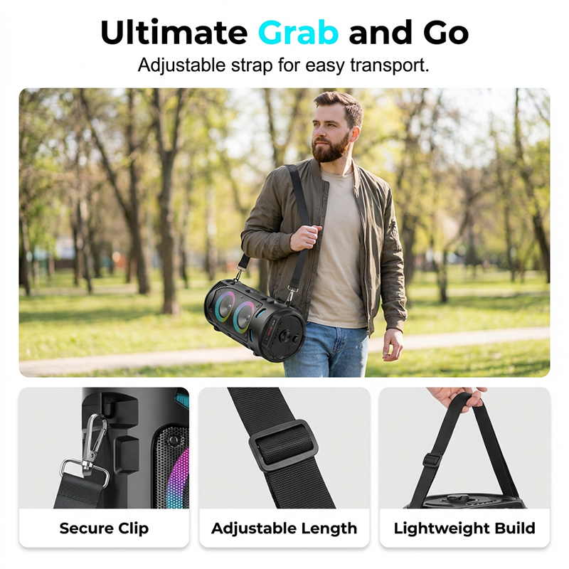 🔊PROMO -50%✨Enceinte Bluetooth Portable 16W – RGB Dynamique Rythme Musique, Micro Filaire Karaoké Inclus, Sangle Réglable, Plein Air Fêtes Camping · Bluetooth 10m · 1800mAh 🎵