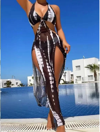 👙PROMO FLASH 50%💥Maillot de Bain 2 Pièces à Rayures – Haut Halter Réglable, Jupe Fente Latérale, Coussinets Amovibles, Idéal Plage & Piscine 🌊