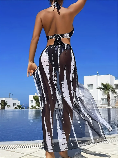 👙PROMO FLASH 50%💥Maillot de Bain 2 Pièces à Rayures – Haut Halter Réglable, Jupe Fente Latérale, Coussinets Amovibles, Idéal Plage & Piscine 🌊