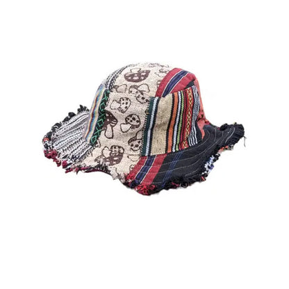 Chapeau en chanvre patchwork multicolore en forme de champignon avec poche