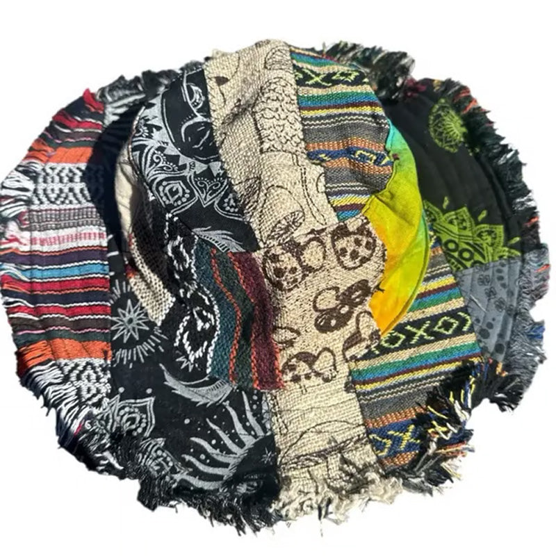 Chapeau en chanvre patchwork multicolore en forme de champignon avec poche