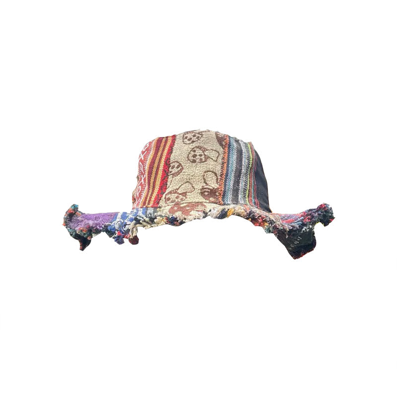 Chapeau en chanvre patchwork multicolore en forme de champignon avec poche