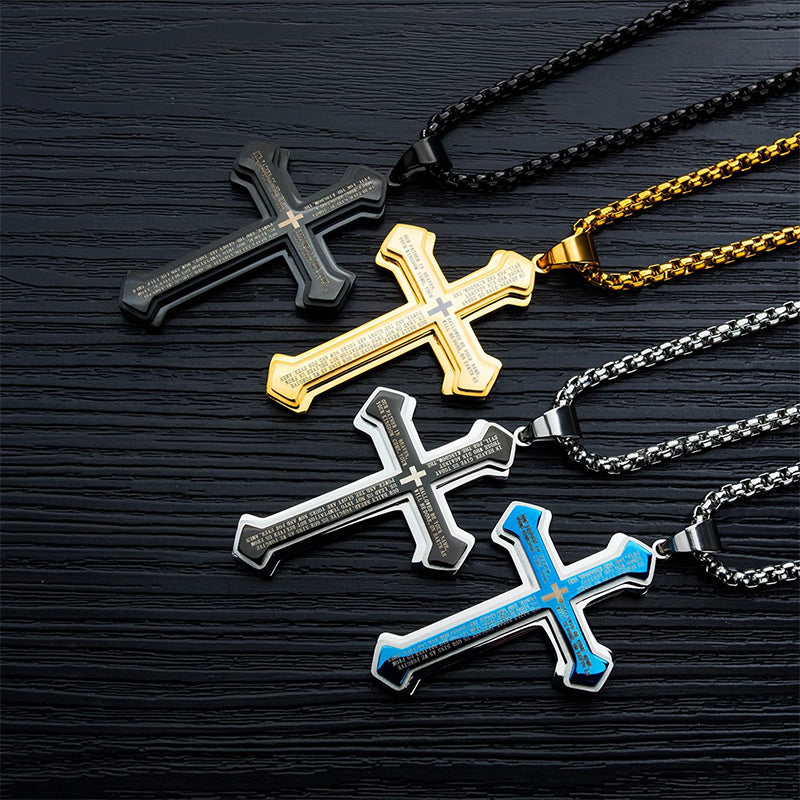 ✝️ PROMO LIMITÉE 50% DE RÉDUCTION ! ✨ Collier Croix du Notre Père pour Homme – Acier Titane, Gravure Complète & Design Superposé 🔥