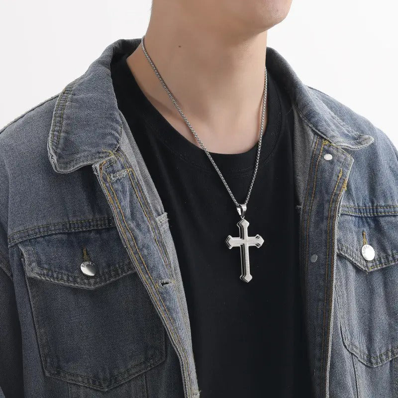 ✝️ PROMO LIMITÉE 50% DE RÉDUCTION ! ✨ Collier Croix du Notre Père pour Homme – Acier Titane, Gravure Complète & Design Superposé 🔥