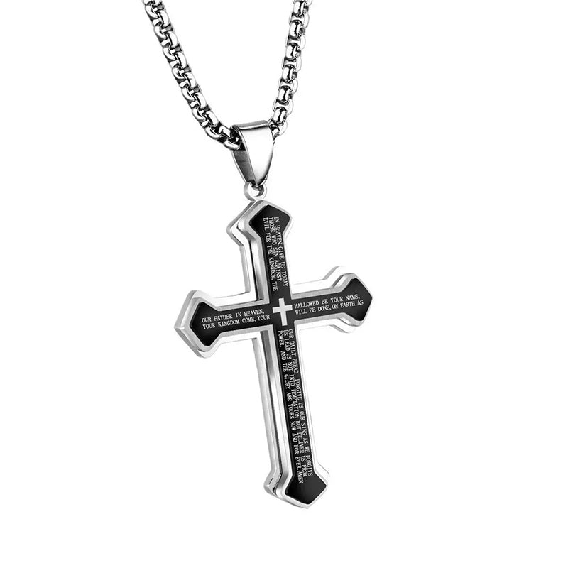 ✝️ PROMO LIMITÉE 50% DE RÉDUCTION ! ✨ Collier Croix du Notre Père pour Homme – Acier Titane, Gravure Complète & Design Superposé 🔥