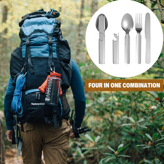 💐Couverts 4 en 1💥Fourchette, Cuillère, Baguettes & Boîtier en Acier Inoxydable – Idéal pour Camping🥢🏕️