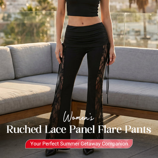 🧵 Pantalon évasé femme à fronces et empiècement en dentelle – Élégant, respirant & parfait pour un look chic ou romantique au quotidien 🌸