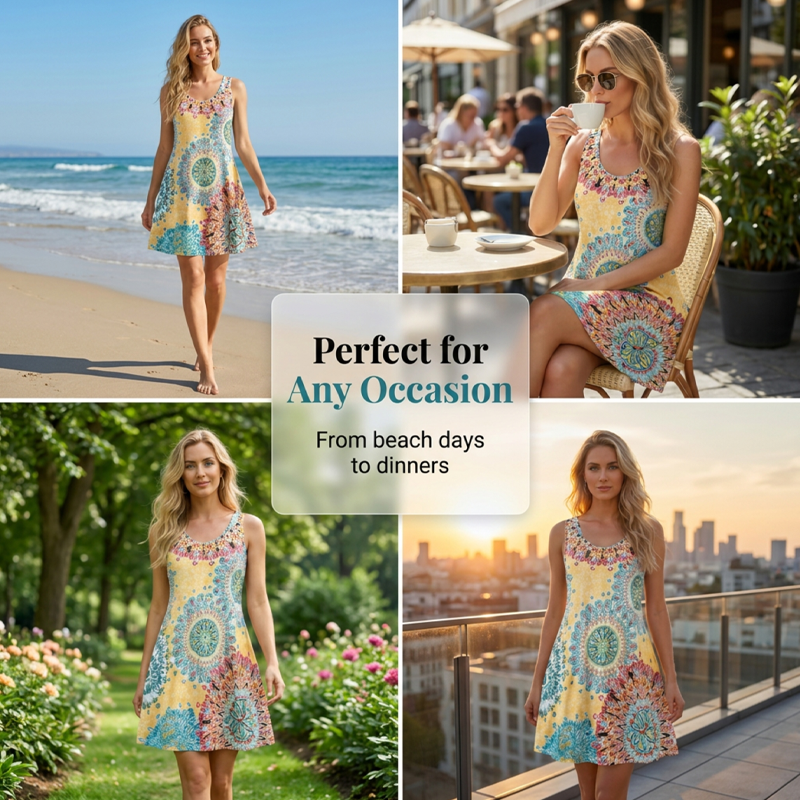 💐PROMO EXCEPTIONNELLE -50%🌺Robe Imprimée Sans Manches – Tissu Coton Léger, Tombé Fluide
